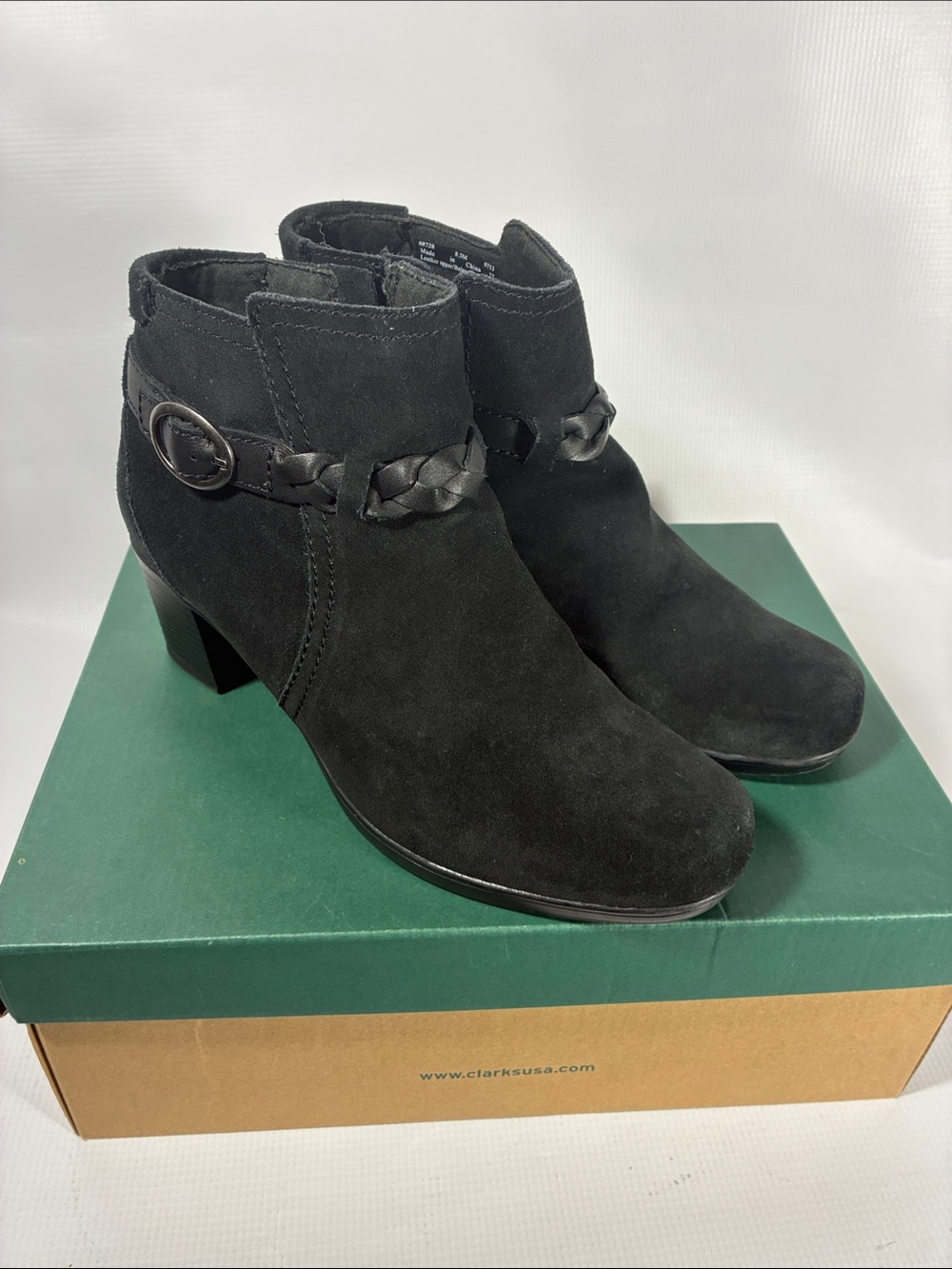 Clarks Black Suede Braided Strap Ankle Booties